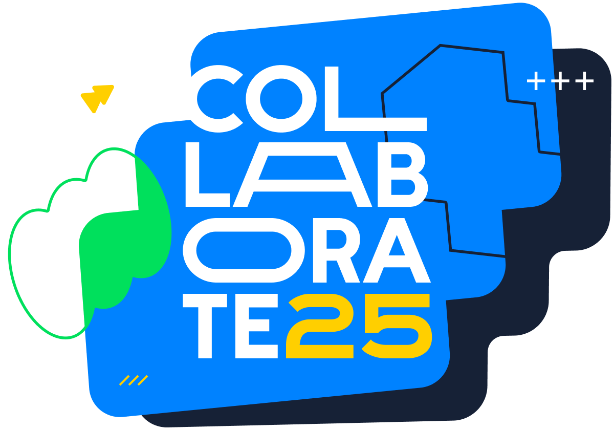 Hero banner for Collaborate 2025 featuring abstract connected dots and dynamic shapes.