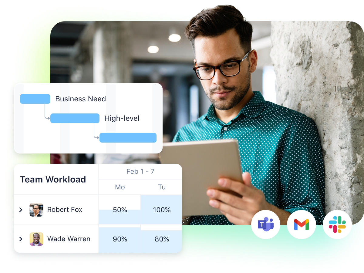 PMO strategic PPM dashboard with person at laptop and project analytics charts.