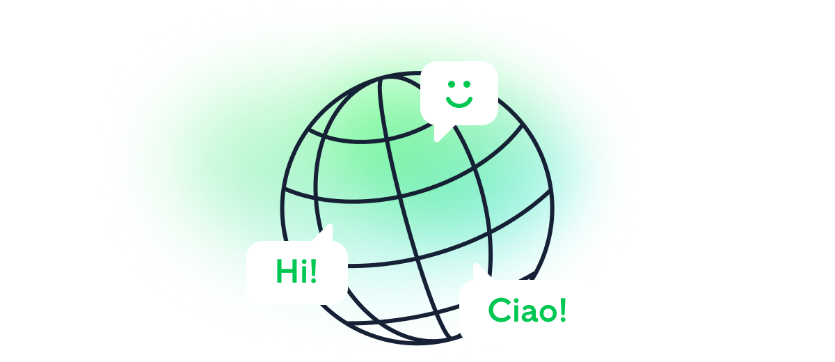 Language selector dropdown with globe icon and list of available languages.