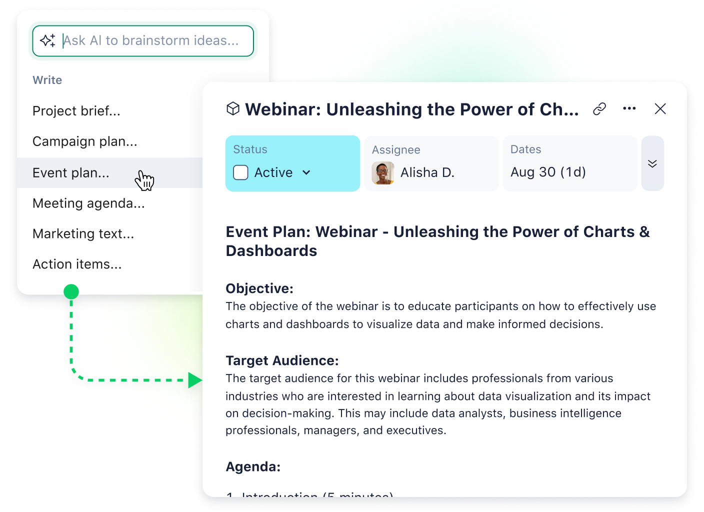 Wrike generative AI task description tool interface with prompt input and generated output.