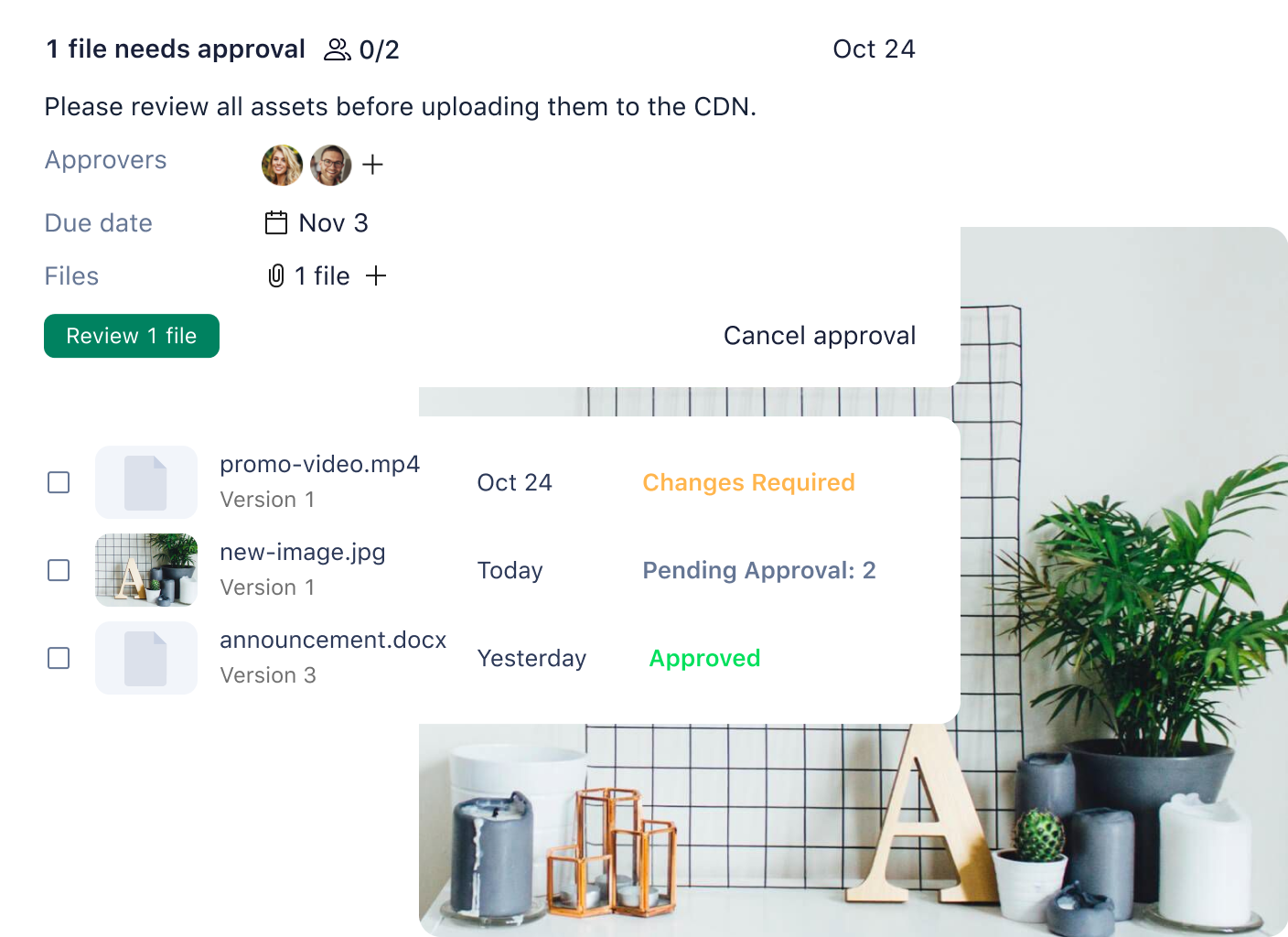 Wrike rebrand screenshot approval interface with approval buttons and comments panel.