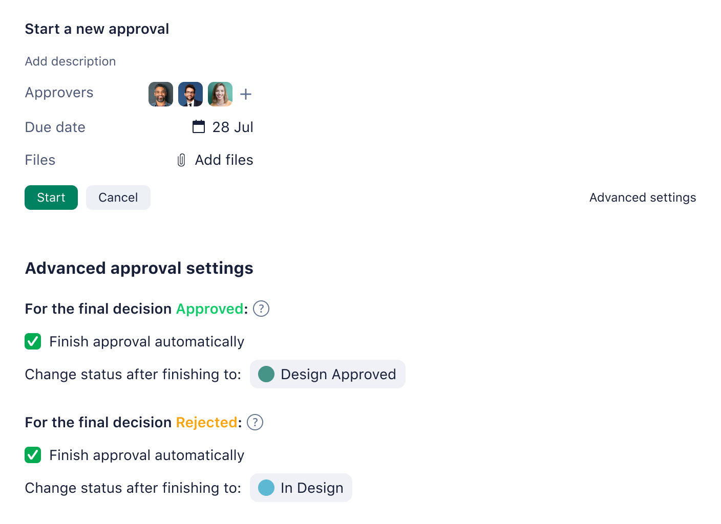 Wrike approvals panel with approver list and approval flow settings.