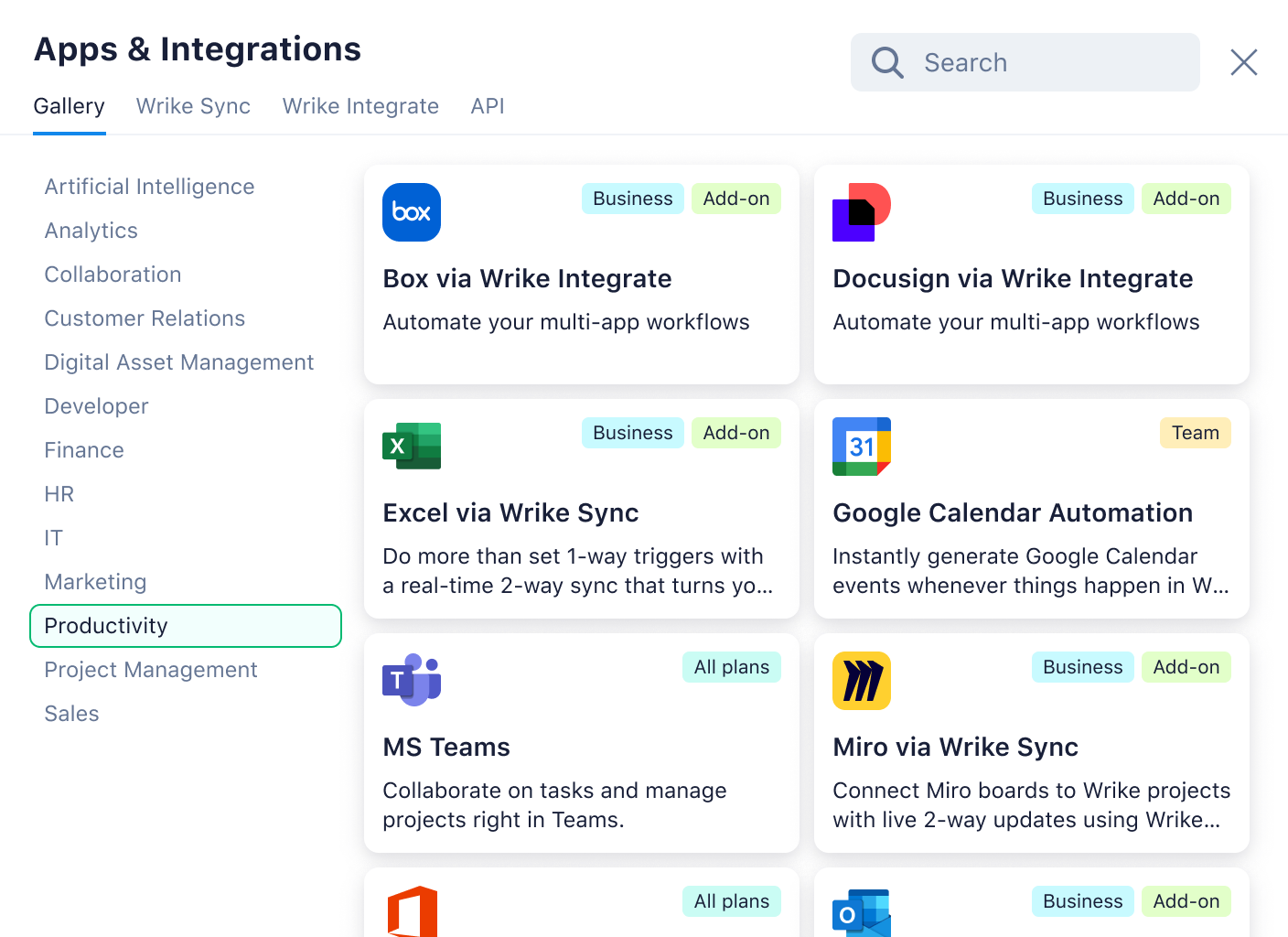 Wrike apps & integrations dashboard showing connected apps and productivity metrics.