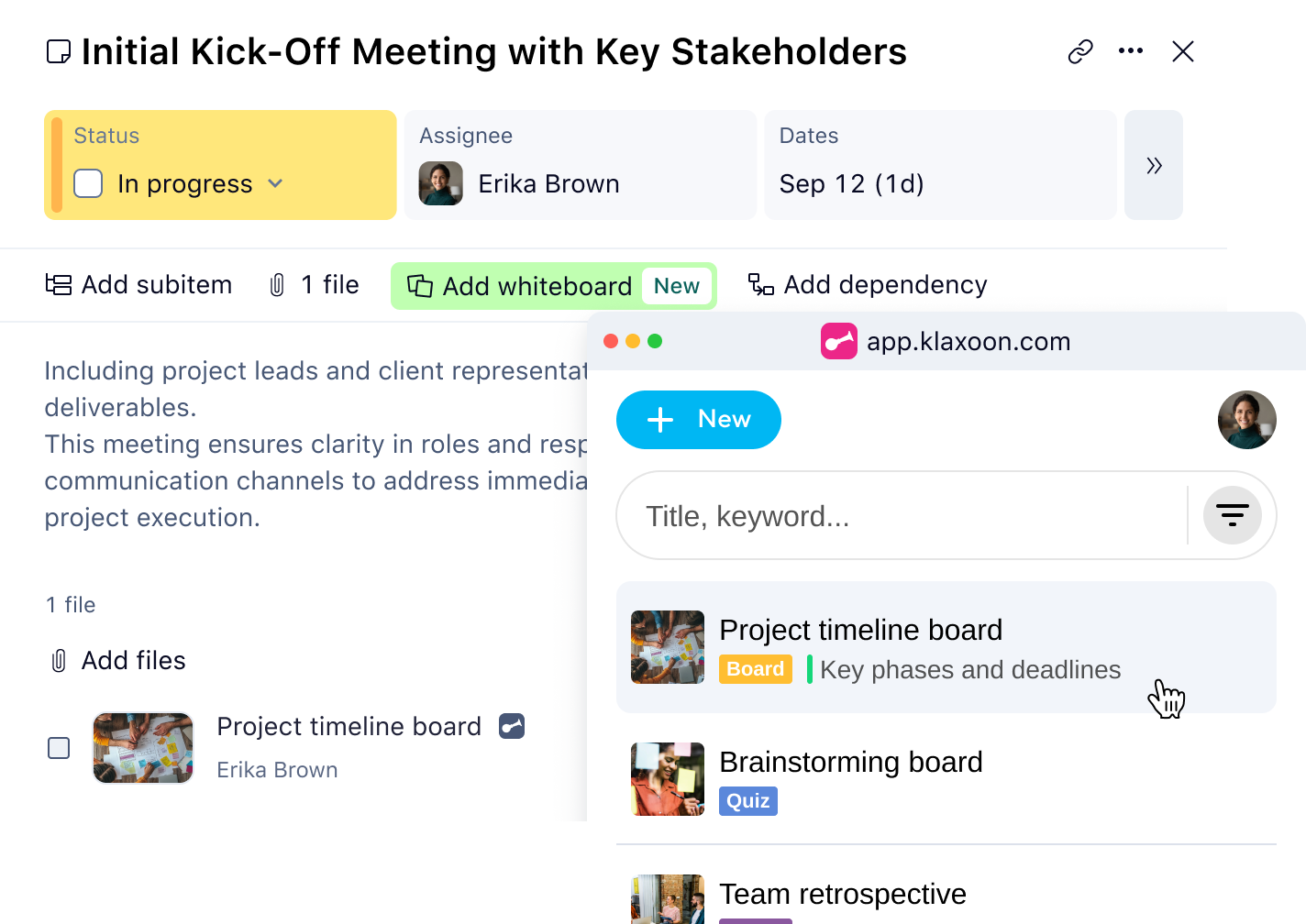 Wrike task interface showing Klaxoon board integration modal.