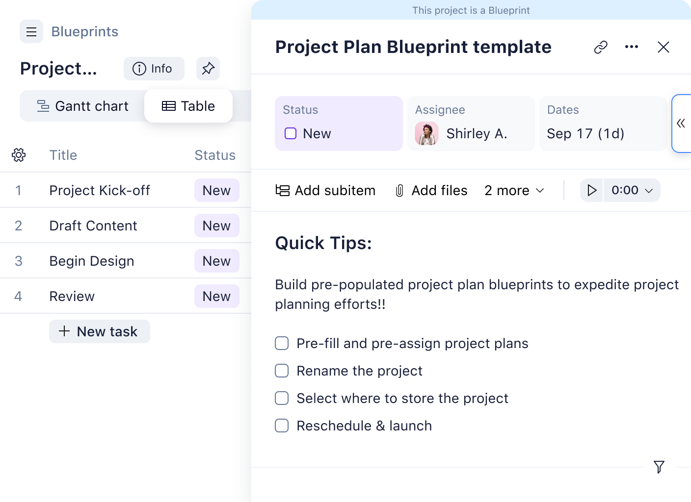Blueprint project plan view with calendar timeline, Gantt bars and progress metrics.