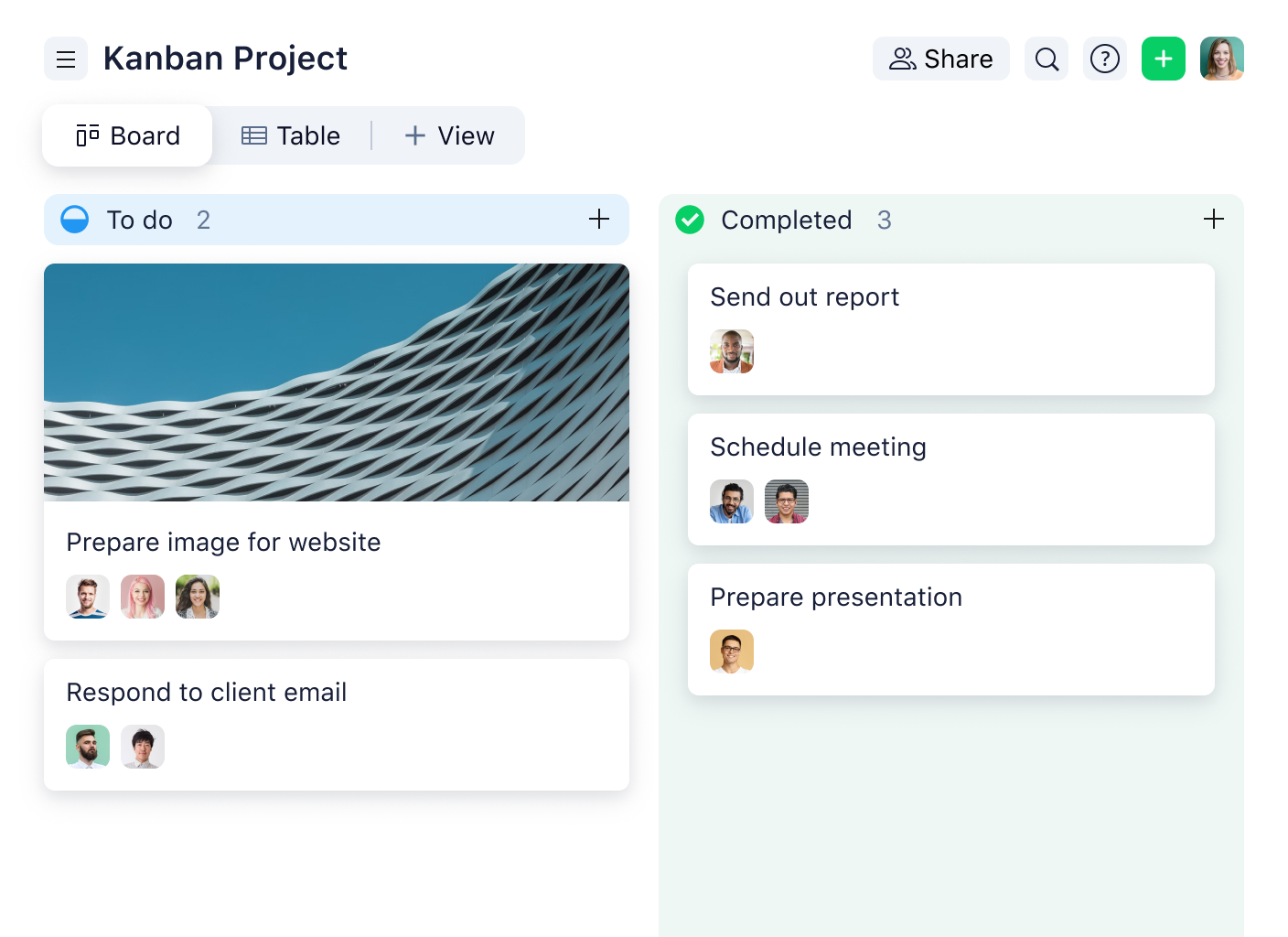 Wrike Kanban board view with project header and task cards in columns.