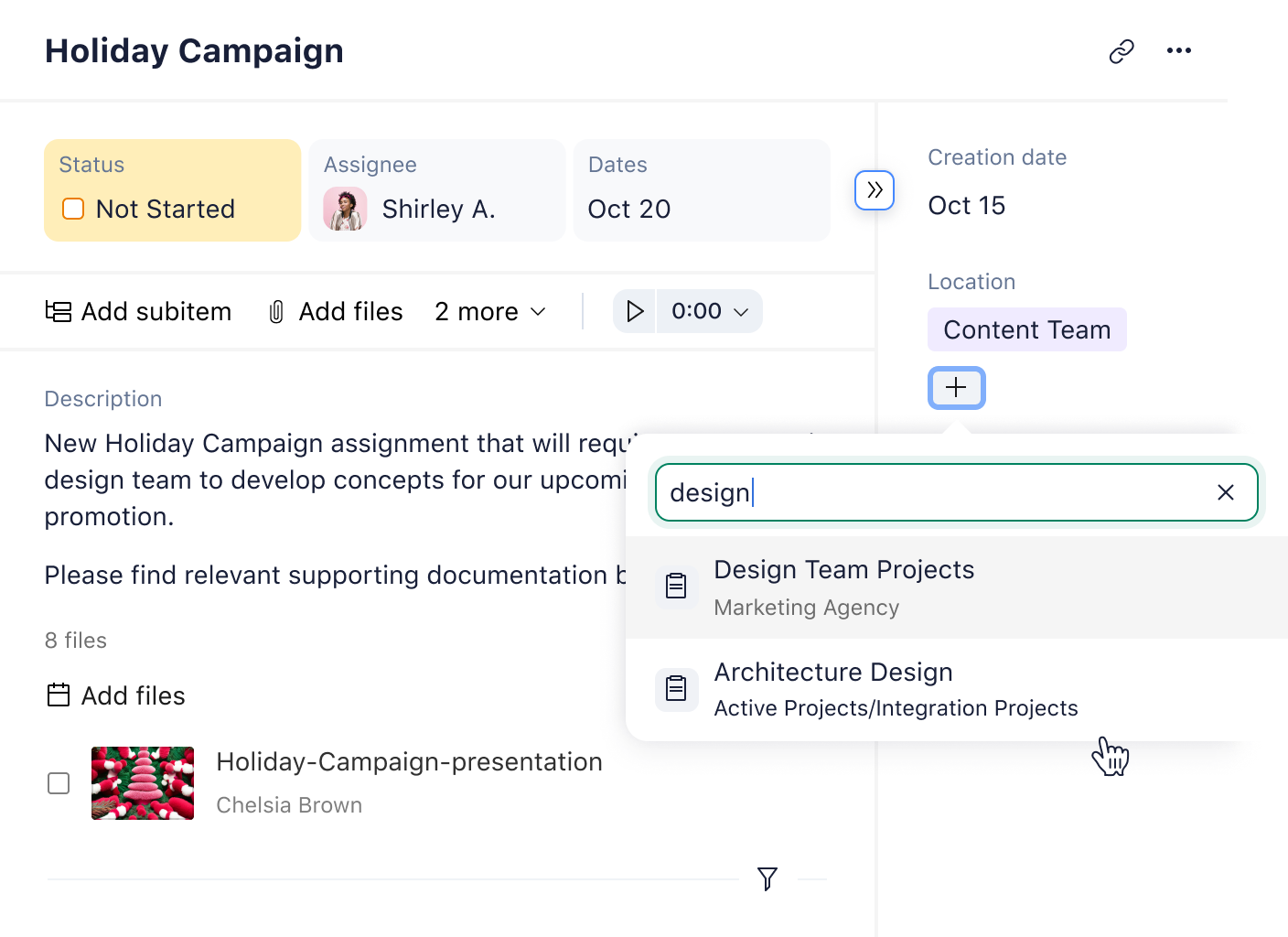 Wrike dashboard showing cross-tagging of Holiday Campaign and Social Media tasks.