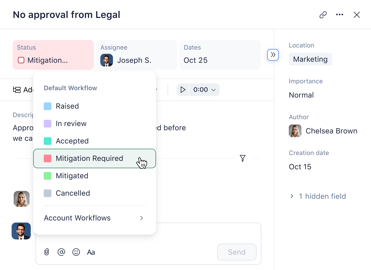Wrike custom statuses settings showing workspace selector, status list and color labels.