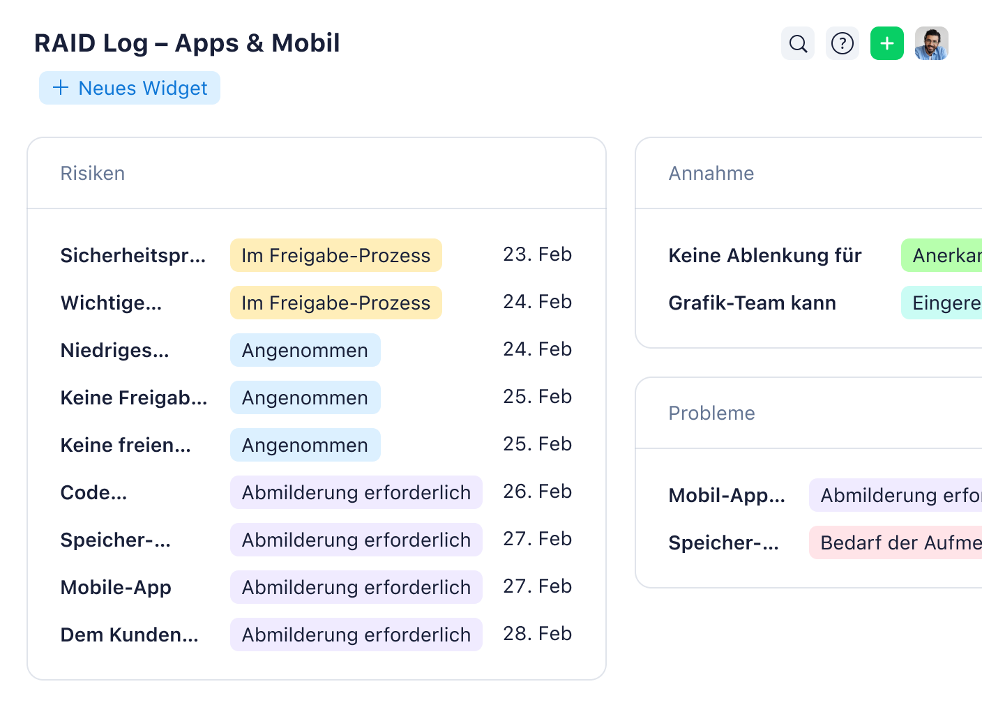 Wrike Produkt-UI mit Dashboards, RAID-Log, Apps und mobiler Ansicht.