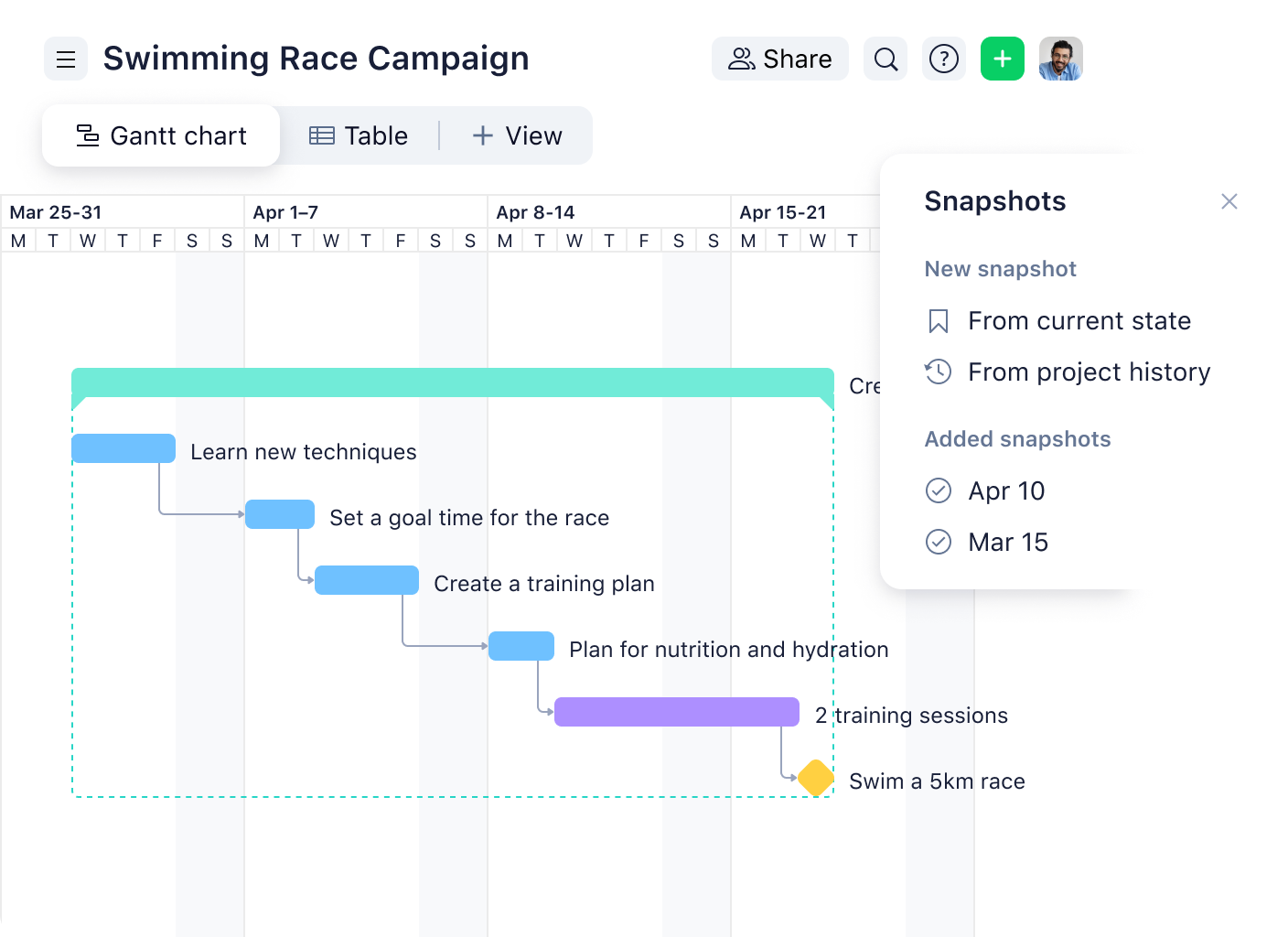 Wrike Gantt Chart Snapshots interface showing snapshot list and project timeline view.
