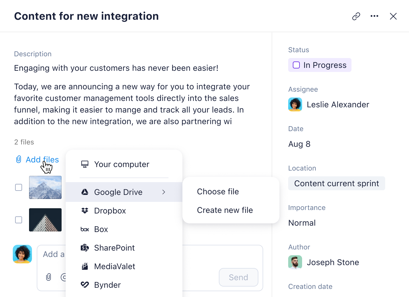 Wrike interface displaying Google Drive file picker with folder list and document thumbnails.