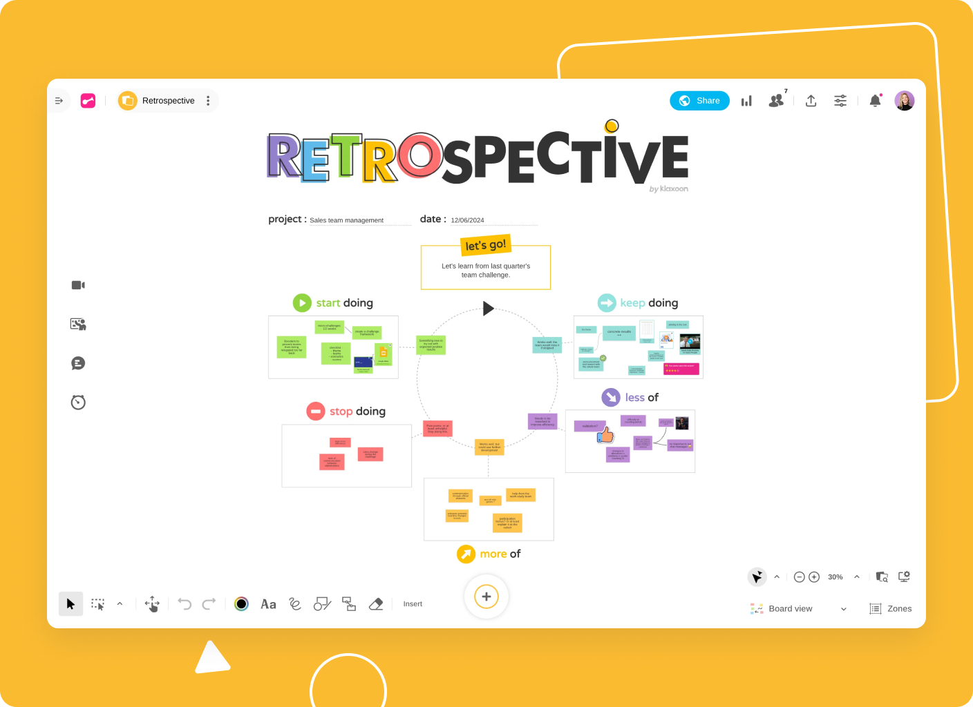 Board Brainstorm & Scénario de vie avec menu latéral et notes colorées.