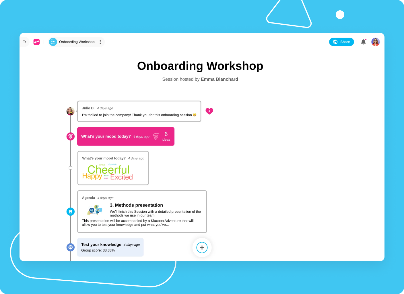 Klaxoon Session dashboard with Icebreaker board, step list, avatars and sidebar chat.