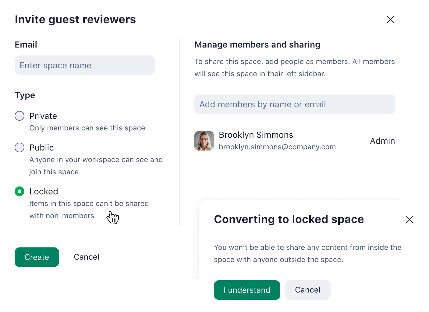 Dialog asking to convert locked space into a project with Cancel and Convert options.