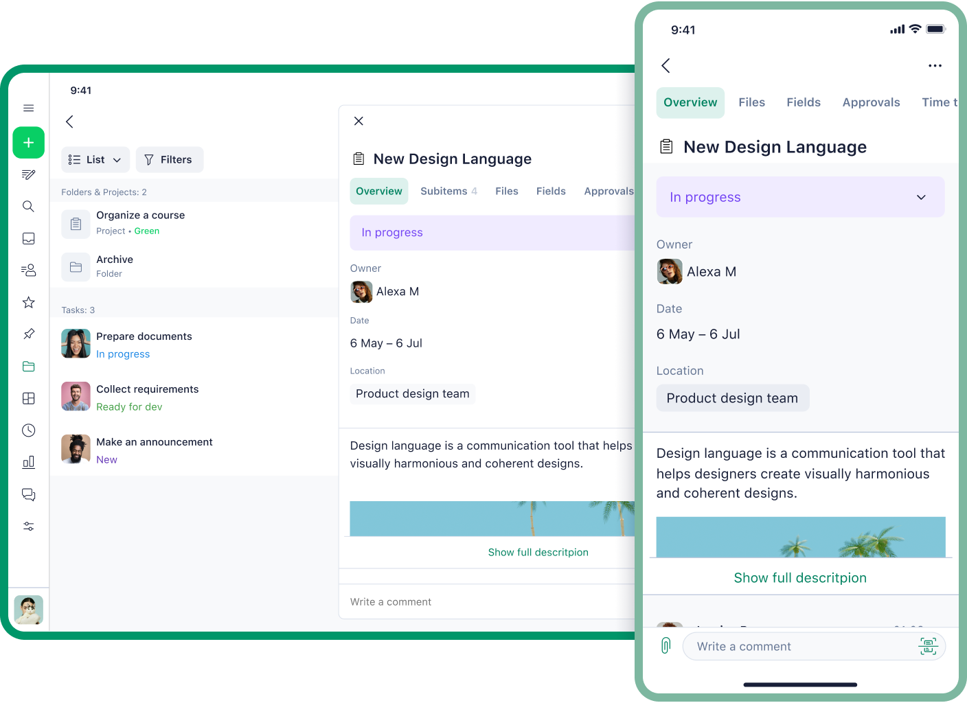 Wrike tasks view on smartphone, tablet and desktop screens.