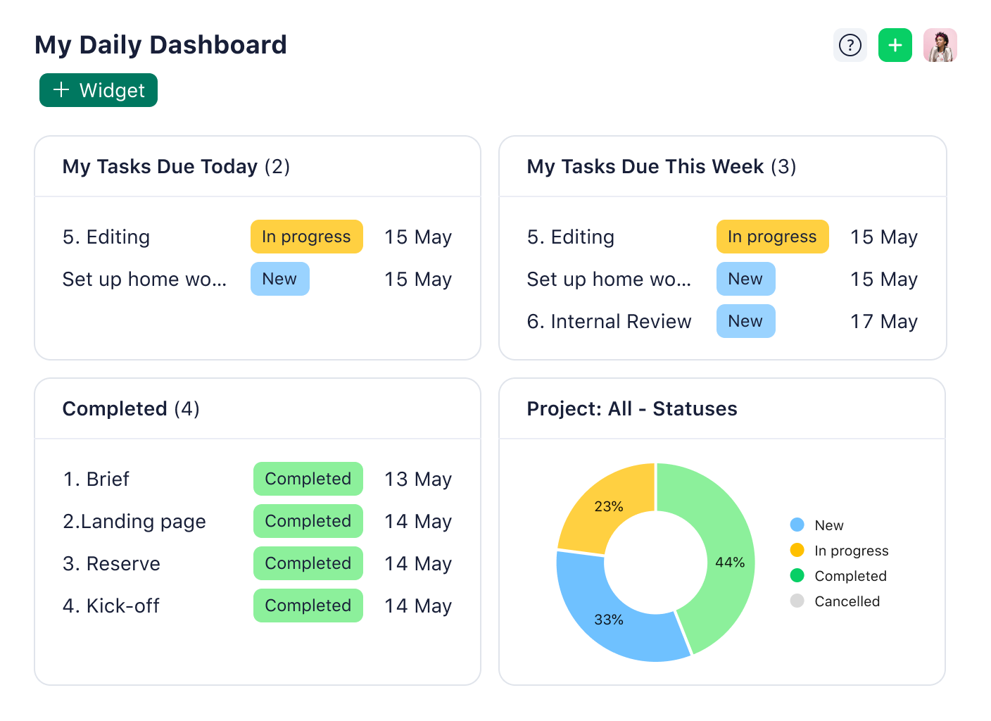 Project management dashboard with daily tasks list, progress charts and upcoming due dates.