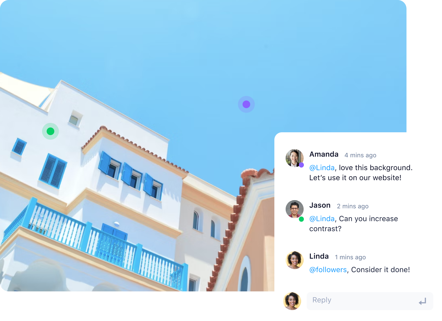 Wrike proofing panel displaying annotated website asset with comments and task list sidebar.