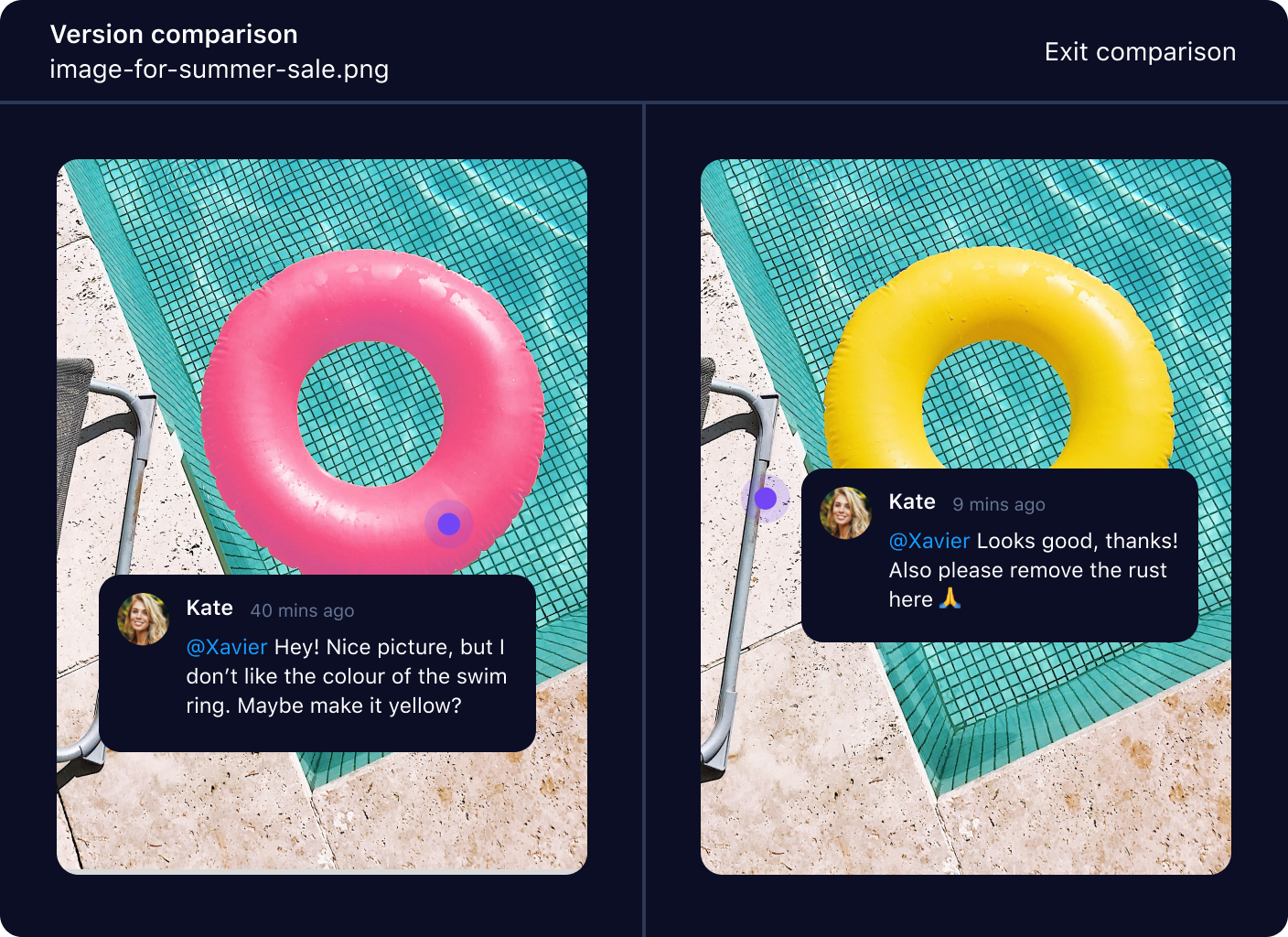 Wrike version comparison interface displaying website proofing with annotations.