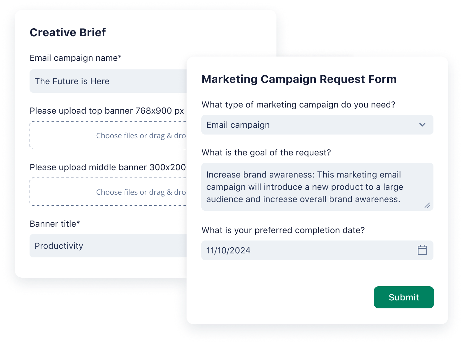 Wrike task panel showing product screenshot request form fields and marketing campaign dependencies.