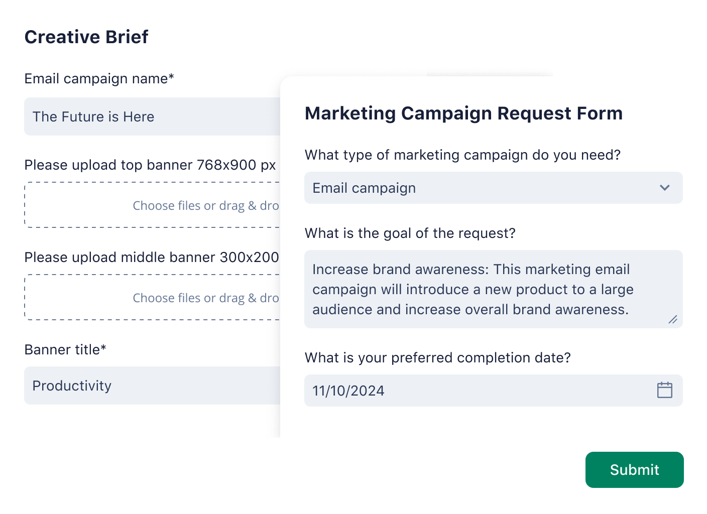 Wrike request form for creative brief and marketing campaign with project input fields.