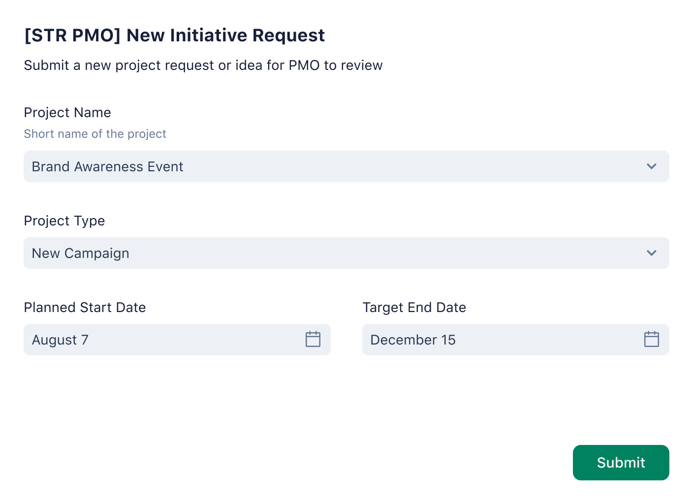 Product screenshot request form for new initiatives with fields for project details.
