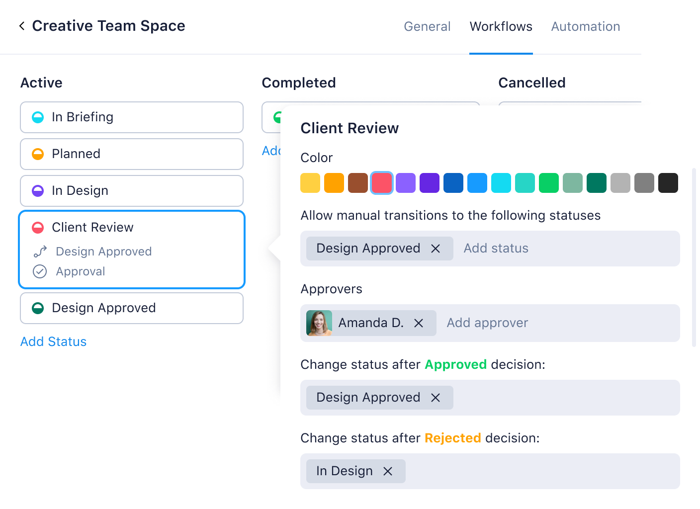 Wrike Spaces sidebar with space level workflows editor for Request and JIRA integration.