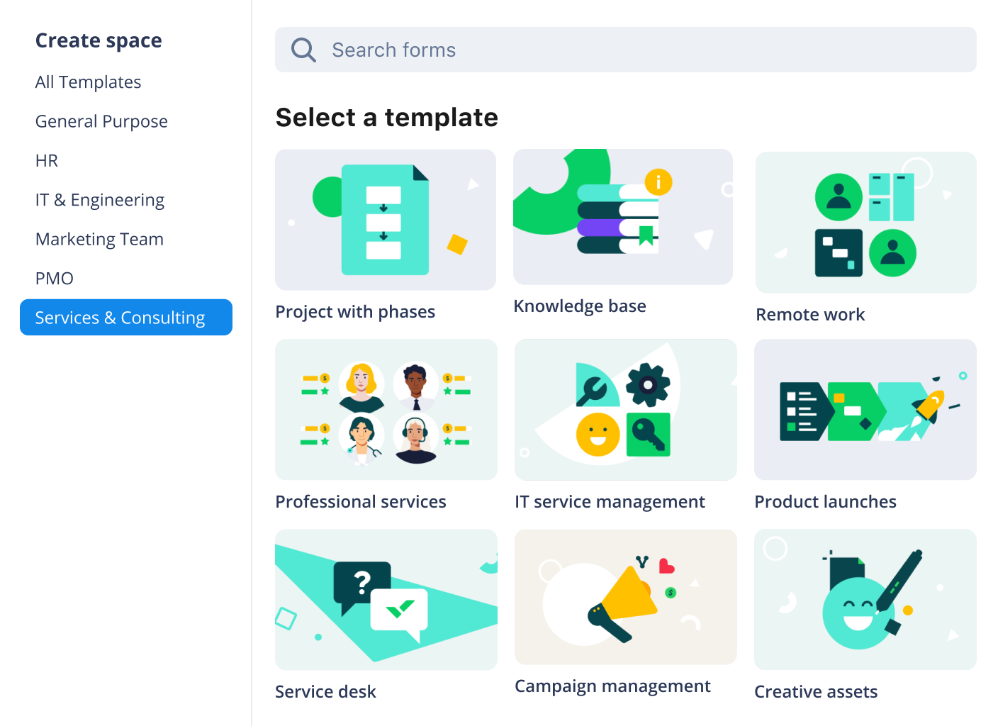 Wrike dashboard modal displaying space templates with categories and detail pane.