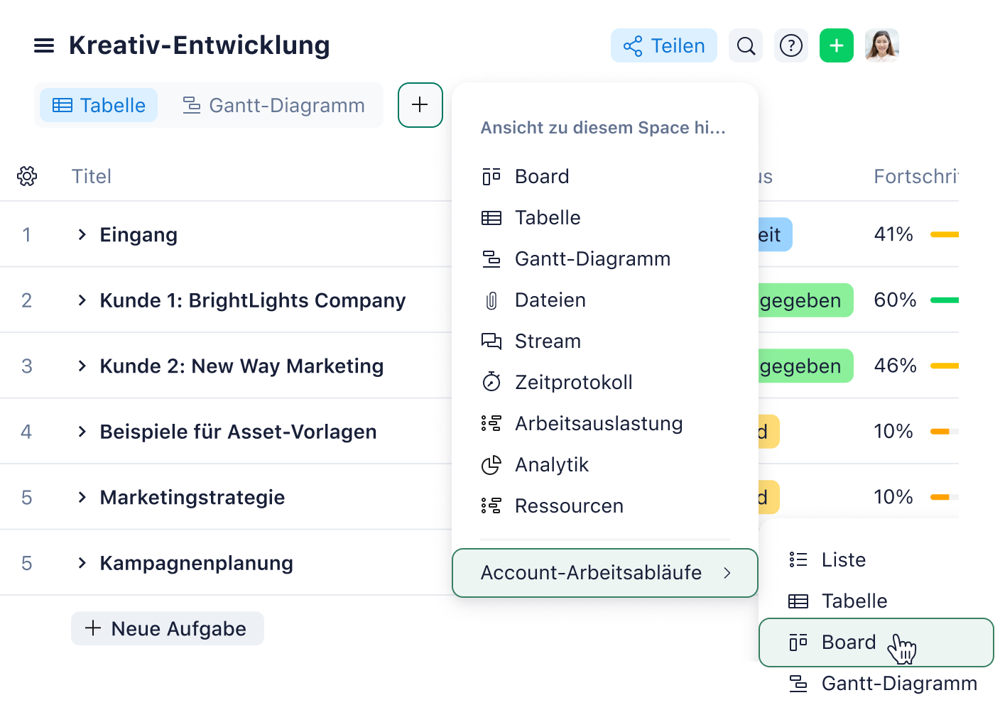 Wrike PSA Tabellenansicht mit Dropdown zur Spaltenauswahl und Aufgabenliste.