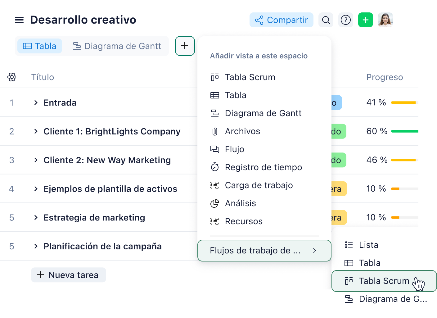 Tabla de proyectos en Wrike con menú de cambio de vista.