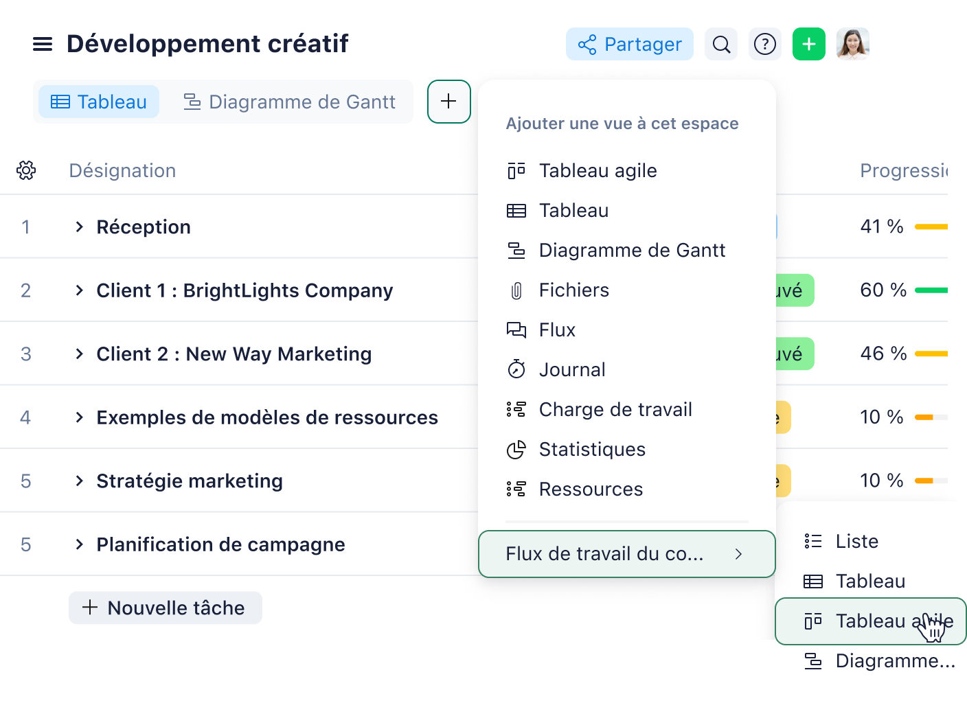 Wrike table view showing column selection dropdown menu.