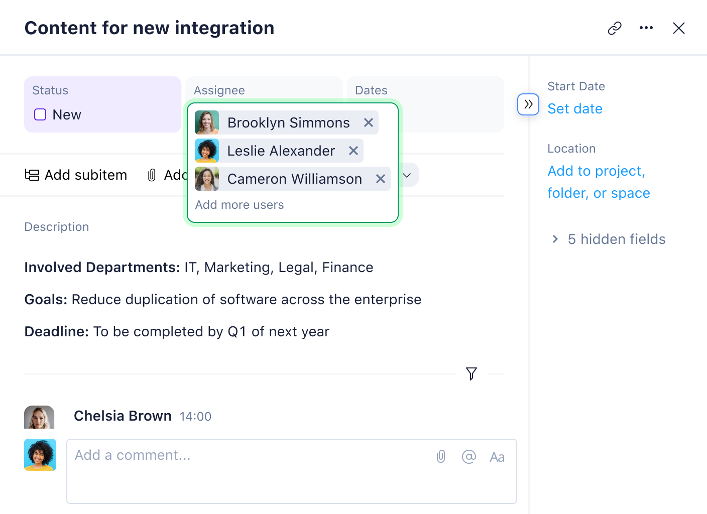 Wrike task view header showing task title and add assignee button.