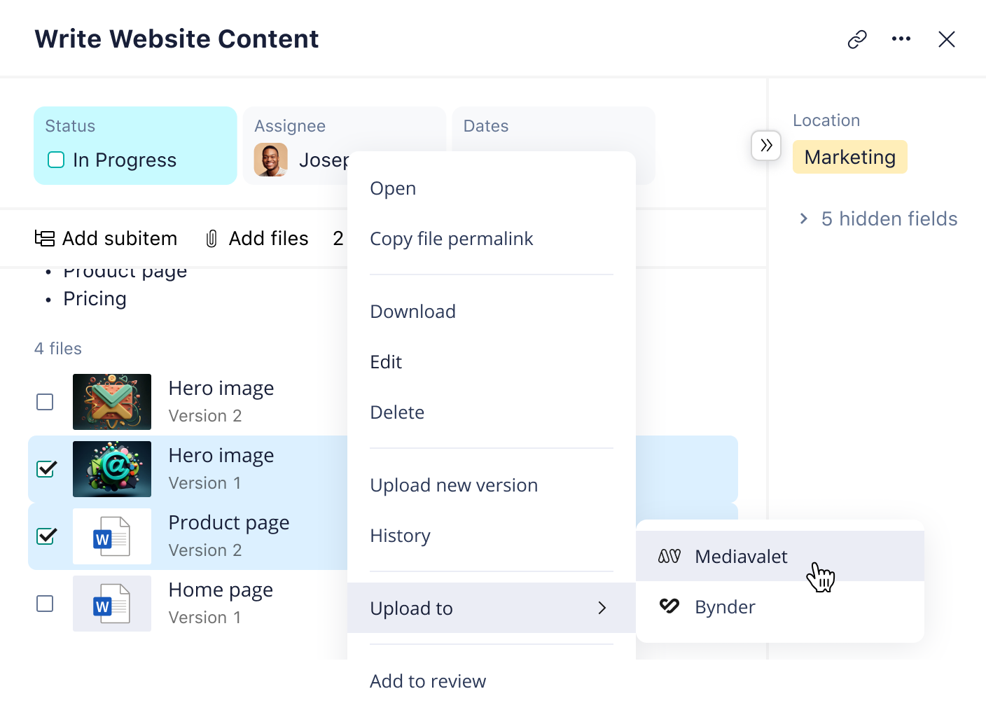 Wrike task view showing Attach & Publish File options in files panel.