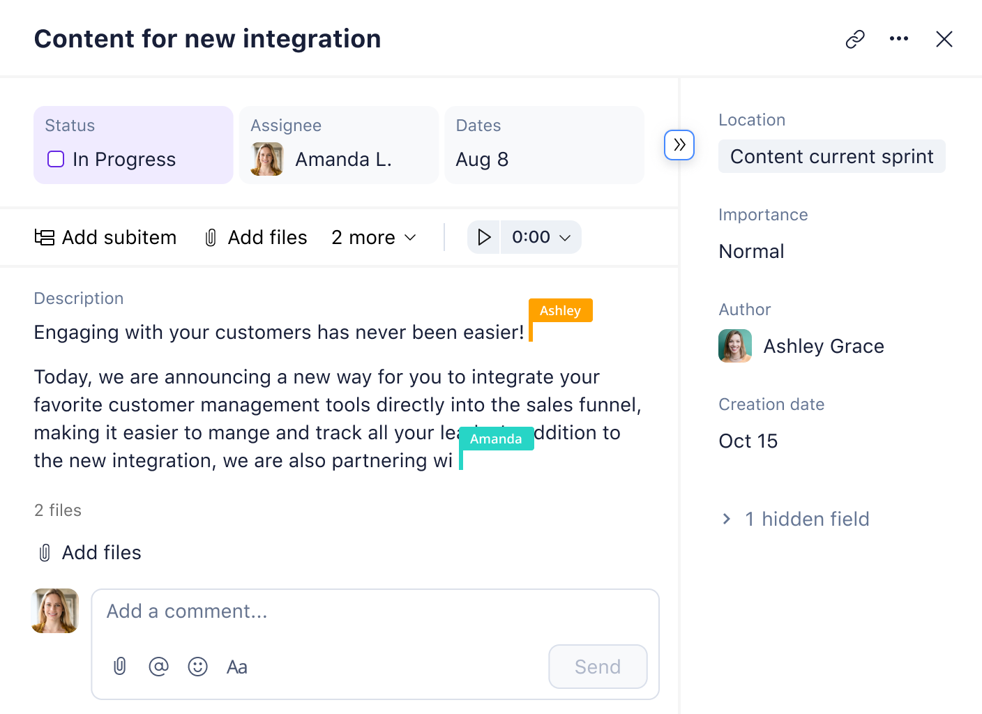 Wrike product screenshot of task view highlighting new integration header.