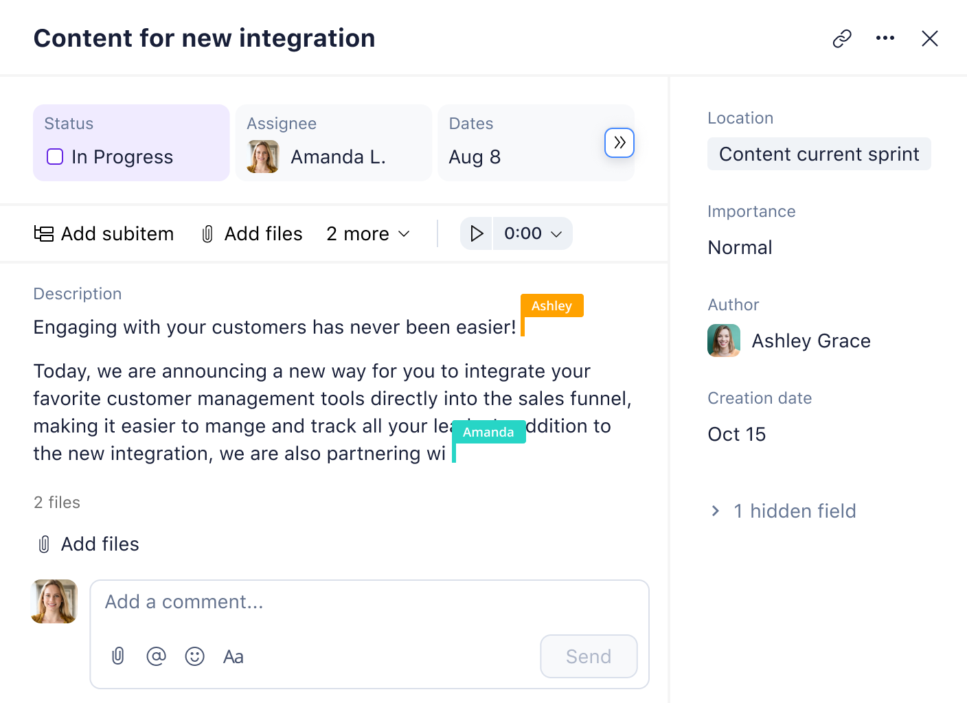 Wrike task view for proofreading integration page copy with details and comments.