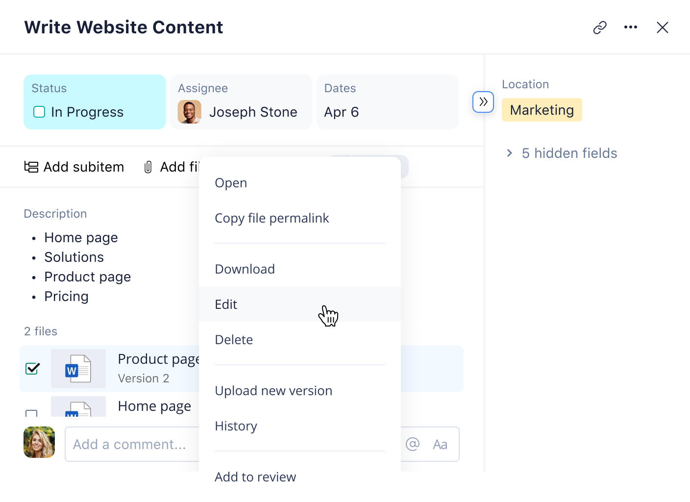 Wrike task view document editor with new header and formatting toolbar.