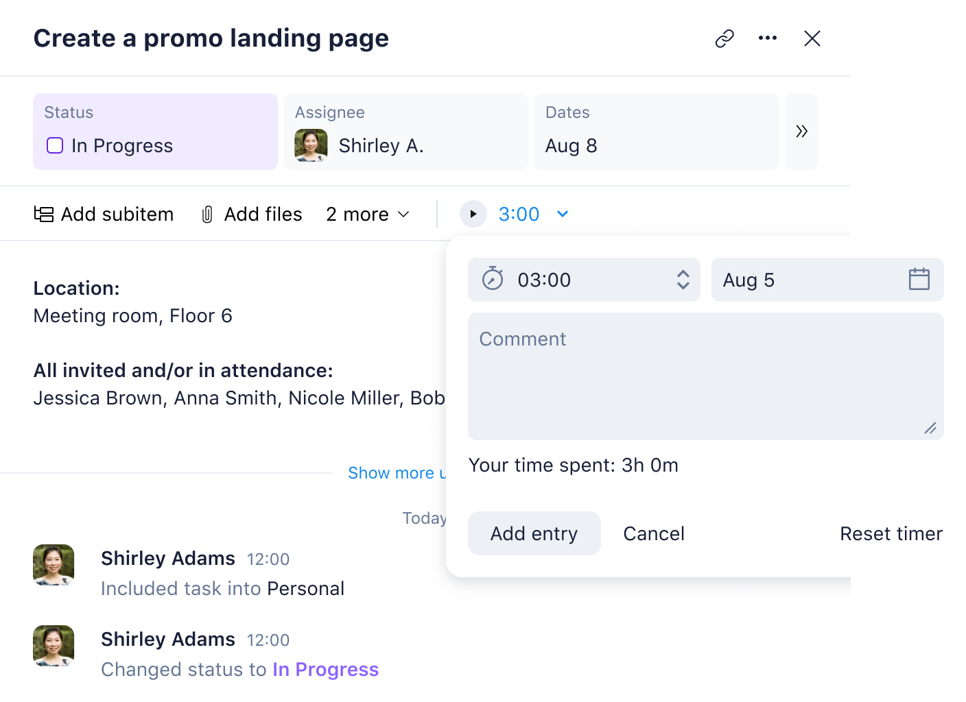 Wrike task table view with time tracking column and task list.