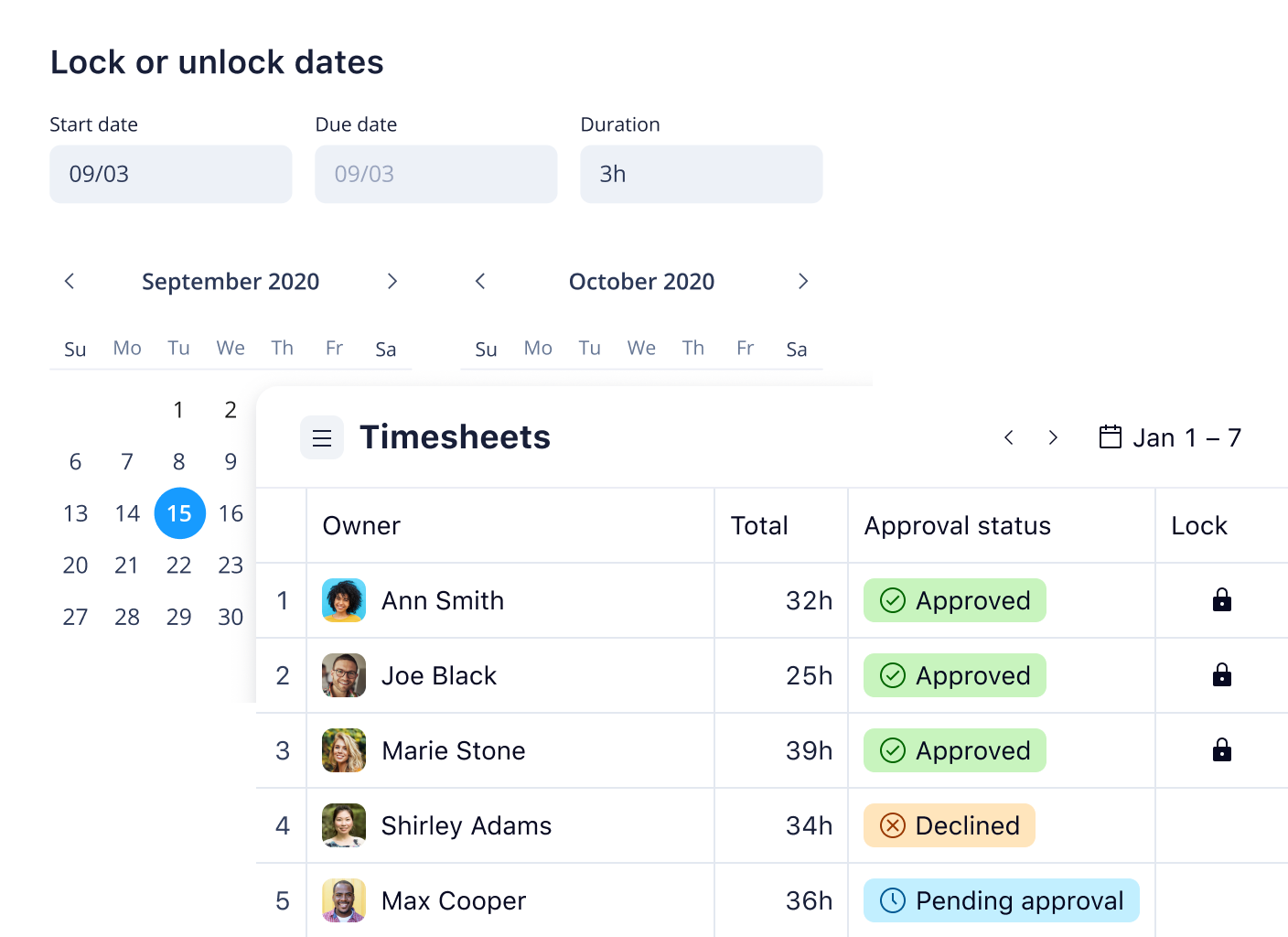 Wrike time log Lock Date panel with calendar date picker.