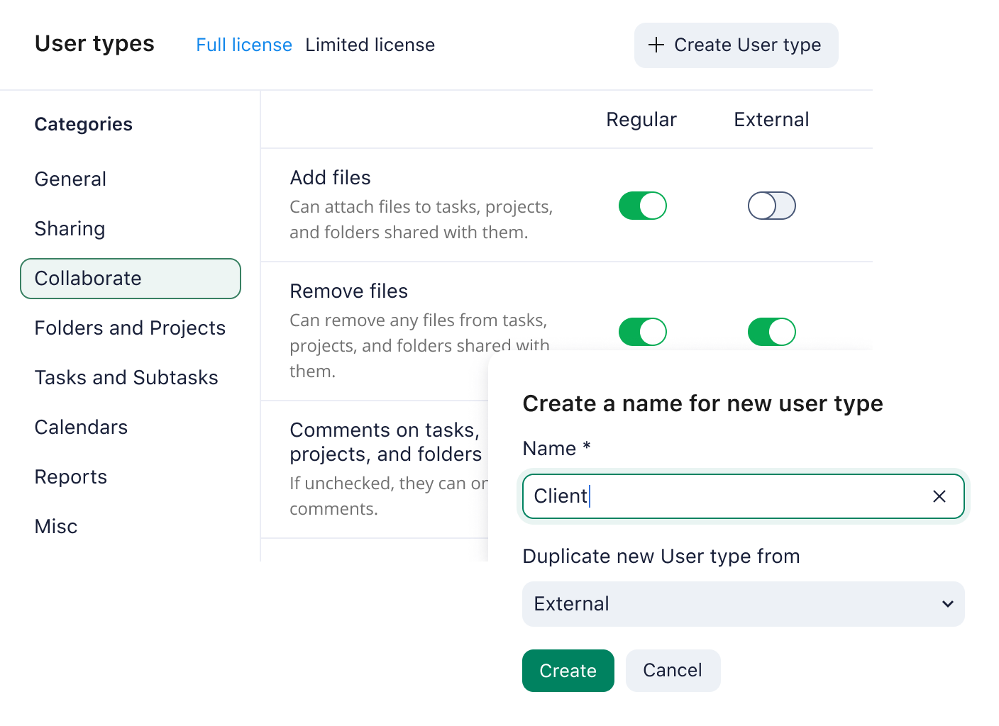 Wrike user types overview showing full-access, collaborator and read-only roles.