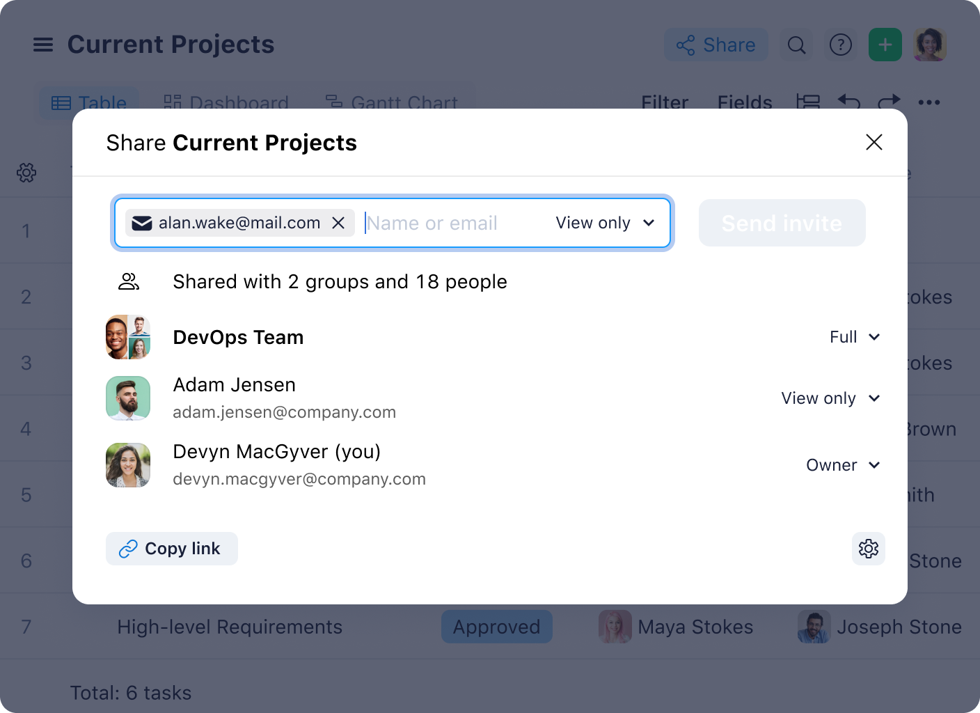 Wrike Workload view showing email invitation dialog for task assignment.