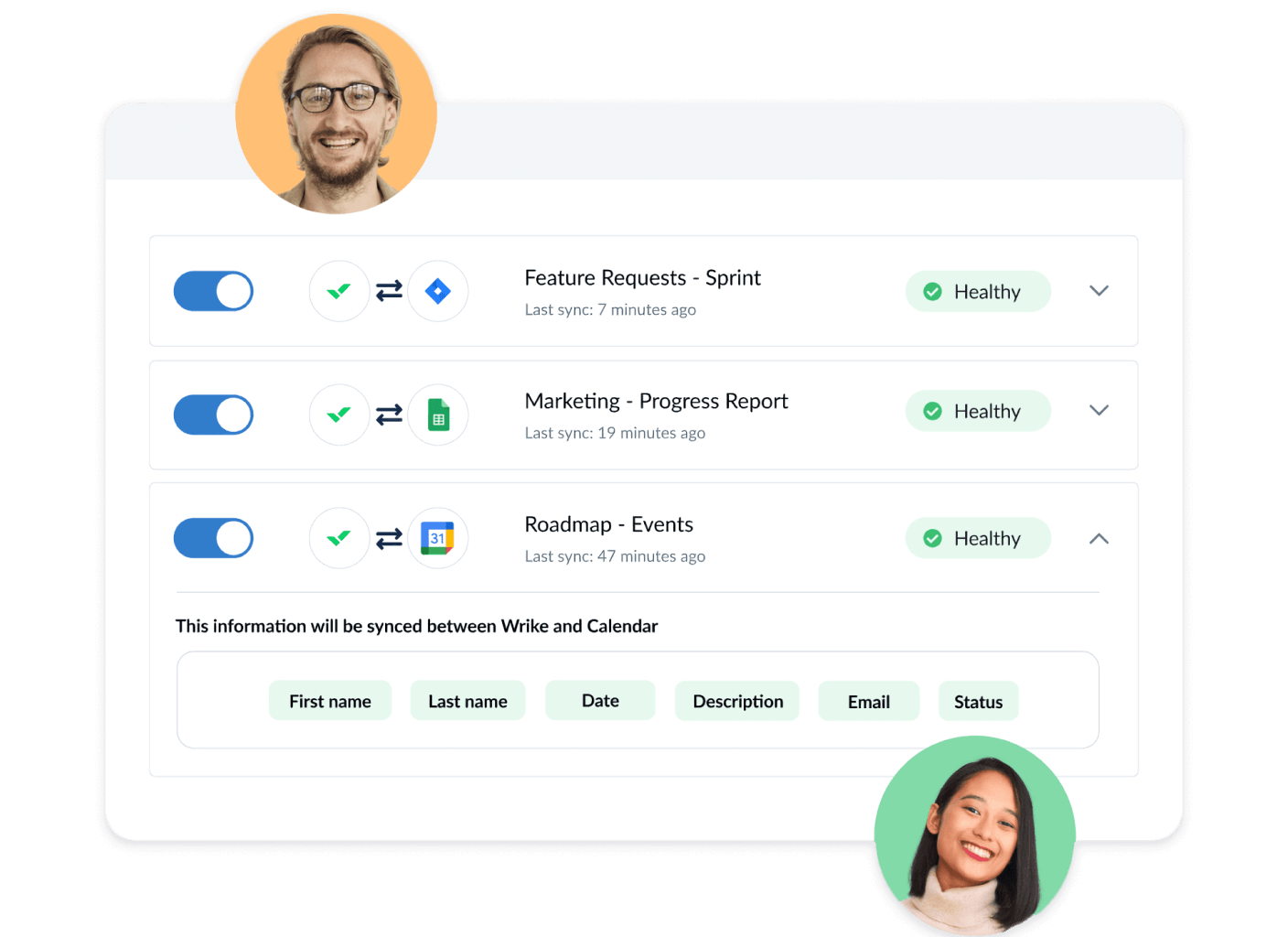 Wrike interface displaying Google Calendar integration setup.