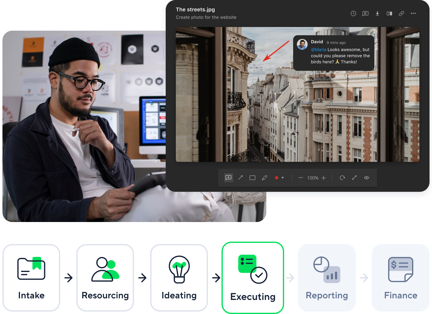 Agency management scheme with central node linked to two peripheral nodes.